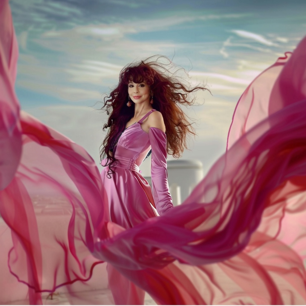 Elegant woman in flowing gown overlooking the ocean in Santorini